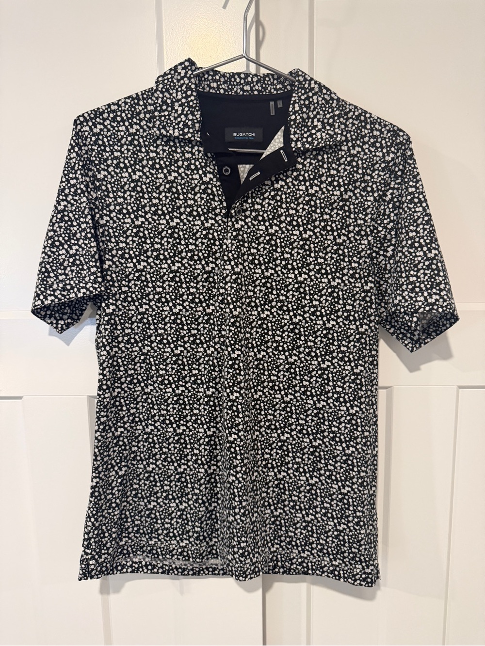Bugatchi Black Polo with White Micro Dot Pattern